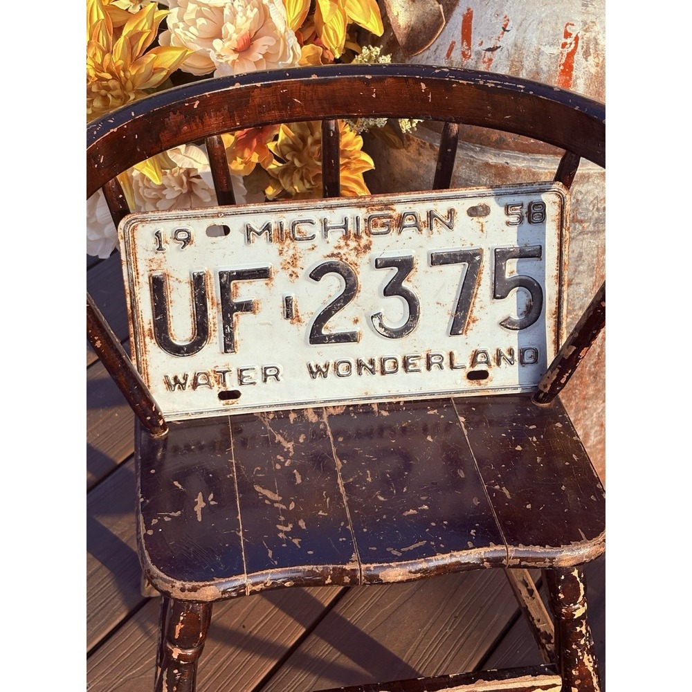 Vtg 1958 Michigan License Plate Water Wonderland Black White Car Auto Man Cave